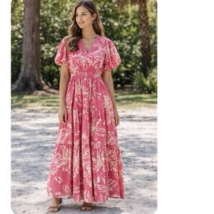 Jodifl Pink Floral Maxi Dress Puff Sleeve Sz Small Tiered Boho Cottage core chic